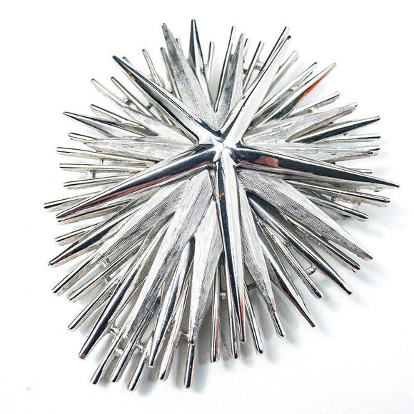 VTG Signed Trifari Atomic Starburst Silvertone Brooch - Picture 7 of 8